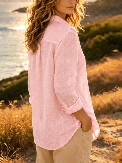 Women's Linen Button Down Shirts Long Sleeve Casual Loose Fit Blouse V Neck Summer Tops Pink