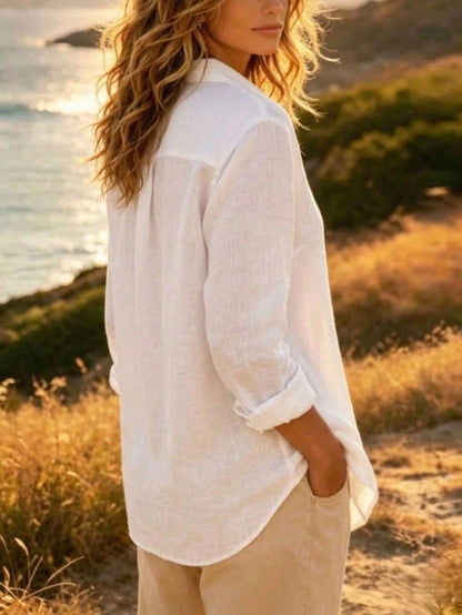 Women's Linen Button Down Shirts Long Sleeve Casual Loose Fit Blouse V Neck Summer Tops Pink
