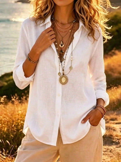 Women's Linen Button Down Shirts Long Sleeve Casual Loose Fit Blouse V Neck Summer Tops Pink