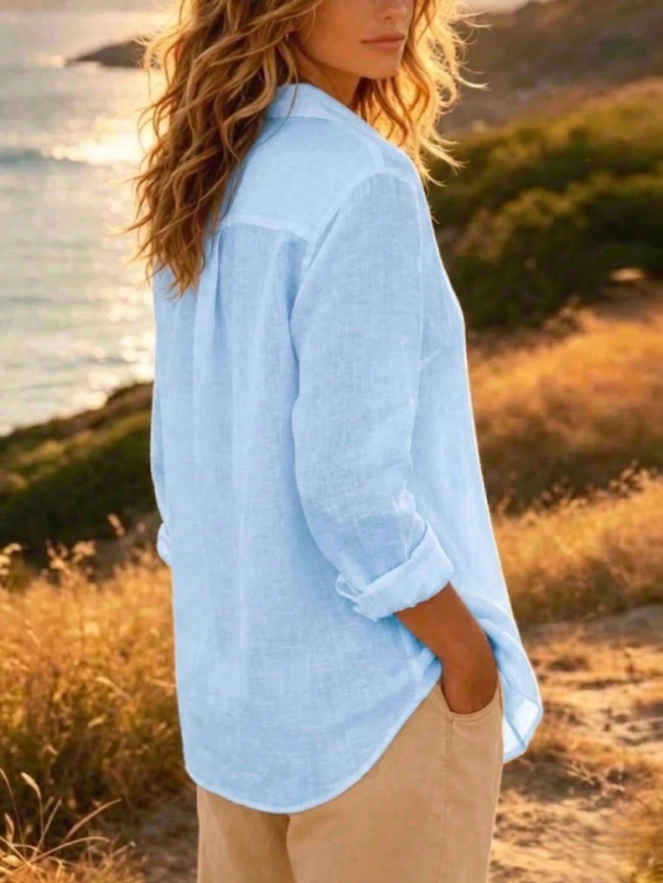 Women's Linen Button Down Shirts Long Sleeve Casual Loose Fit Blouse V Neck Summer Tops Pink