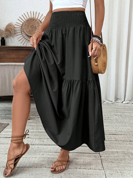 Women's Long Ditsy Floral Skirt, Casual Elastic Waist With Pockets, Ruffle Hem, A-Line Skirt For Summer Spring