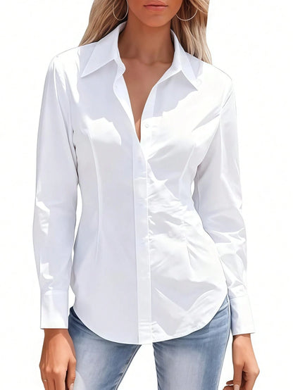 Women's Long Sleeve Button-Down Shirt- Ruched Collar Waist-Cinched Slim Fit Top White, Office Siren