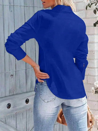 Women's Long Sleeve Button-Down Shirt- Ruched Collar Waist-Cinched Slim Fit Top White, Office Siren