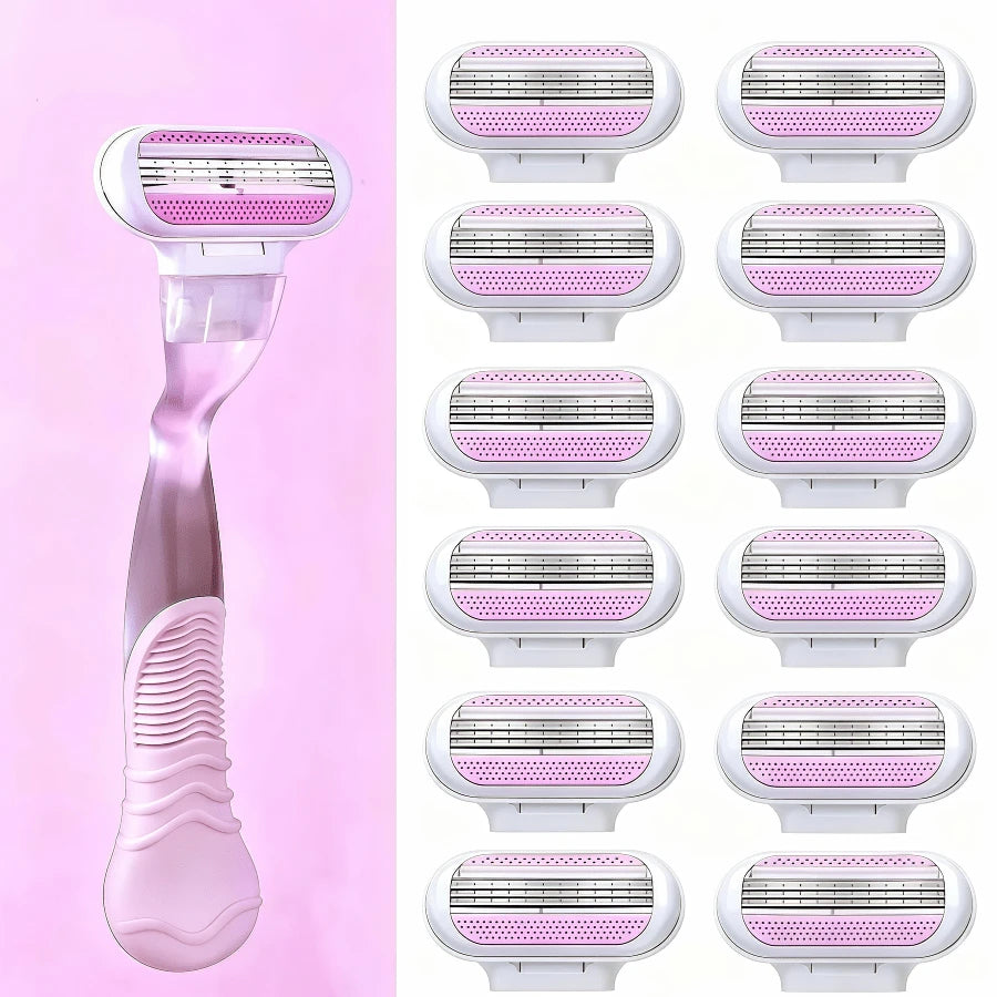 Women's Manual Hair Removal Razor, 3-Layer Stainless Steel Blades, Replaceable Safety Razor Head, Pink Handle, Makes You Look Younger And More Beautiful