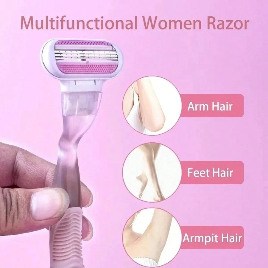Women's Manual Hair Removal Razor, 3-Layer Stainless Steel Blades, Replaceable Safety Razor Head, Pink Handle, Makes You Look Younger And More Beautiful