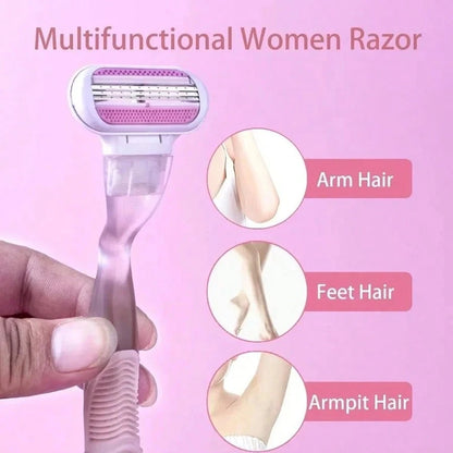 Women's Manual Hair Removal Razor, 3-Layer Stainless Steel Blades, Replaceable Safety Razor Head, Pink Handle, Makes You Look Younger And More Beautiful