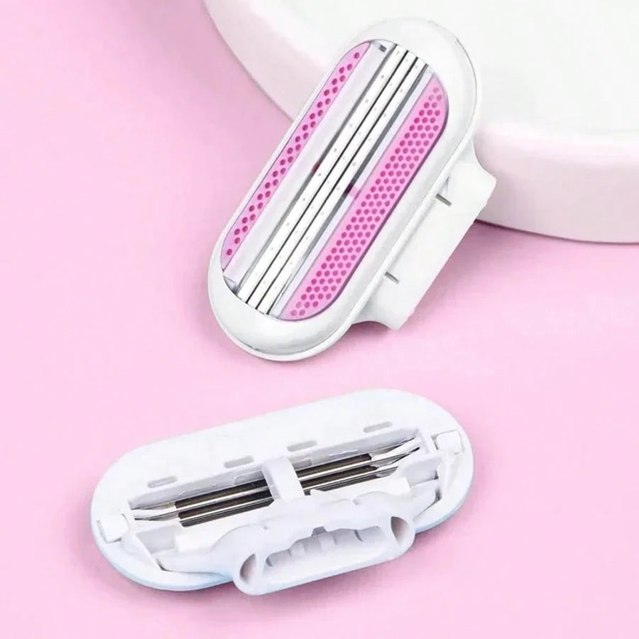 Women's Manual Hair Removal Razor, 3-Layer Stainless Steel Blades, Replaceable Safety Razor Head, Pink Handle, Makes You Look Younger And More Beautiful