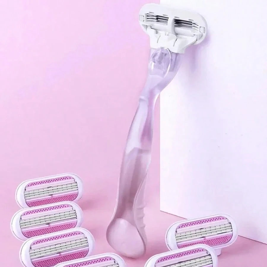 Women's Manual Hair Removal Razor, 3-Layer Stainless Steel Blades, Replaceable Safety Razor Head, Pink Handle, Makes You Look Younger And More Beautiful
