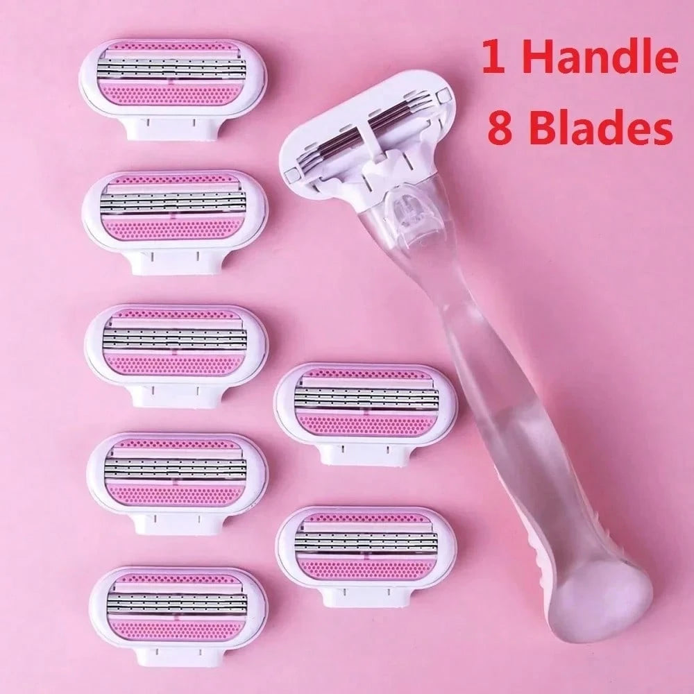 Women's Manual Hair Removal Razor, 3-Layer Stainless Steel Blades, Replaceable Safety Razor Head, Pink Handle, Makes You Look Younger And More Beautiful