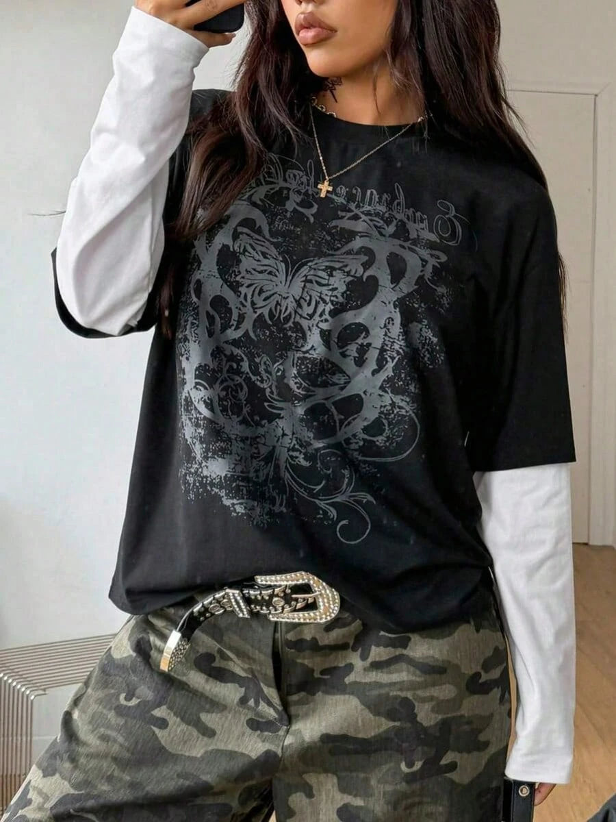 Women's & Men's Spring/Summer Couple Same Style Streetwear Goth Grunge Punk Casual Vintage Cotton Graphics Comfortable Round Neck Patchwork Black And White Oversized Long Sleeve T-Shirt