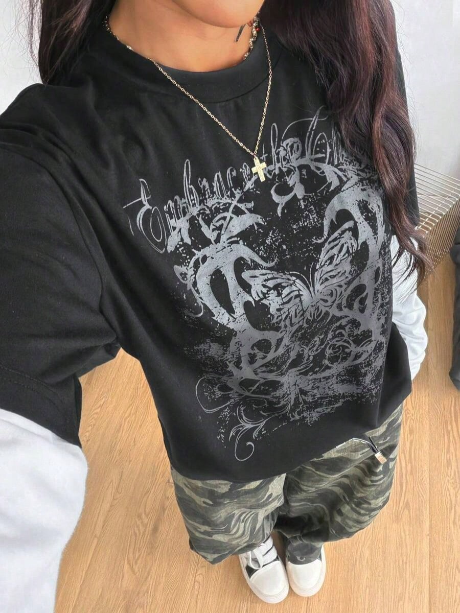 Women's & Men's Spring/Summer Couple Same Style Streetwear Goth Grunge Punk Casual Vintage Cotton Graphics Comfortable Round Neck Patchwork Black And White Oversized Long Sleeve T-Shirt