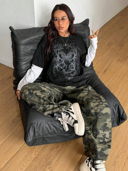 Women's & Men's Spring/Summer Couple Same Style Streetwear Goth Grunge Punk Casual Vintage Cotton Graphics Comfortable Round Neck Patchwork Black And White Oversized Long Sleeve T-Shirt