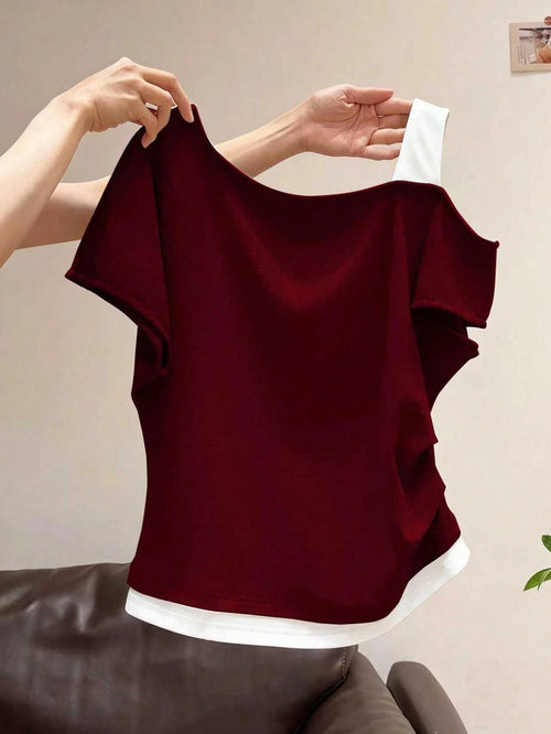 Women's Oblique Shoulder 2 In 1 Short Sleeve T-Shirt, Summer