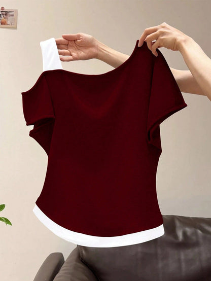 Women's Oblique Shoulder 2 In 1 Short Sleeve T-Shirt, Summer