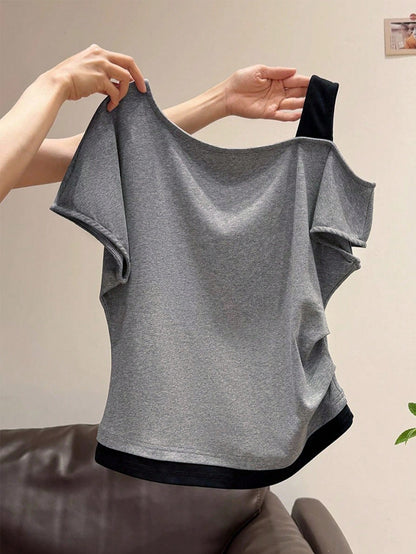 Women's Oblique Shoulder 2 In 1 Short Sleeve T-Shirt, Summer