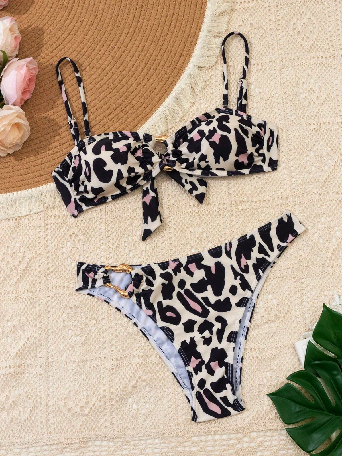 Women's Pink Leopard Print Spaghetti Strap O-Ring Bikini Top With Side Metal Decor High Cut Two Pieces Beach Bikini Set Vacation Summer