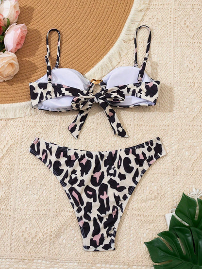 Women's Pink Leopard Print Spaghetti Strap O-Ring Bikini Top With Side Metal Decor High Cut Two Pieces Beach Bikini Set Vacation Summer