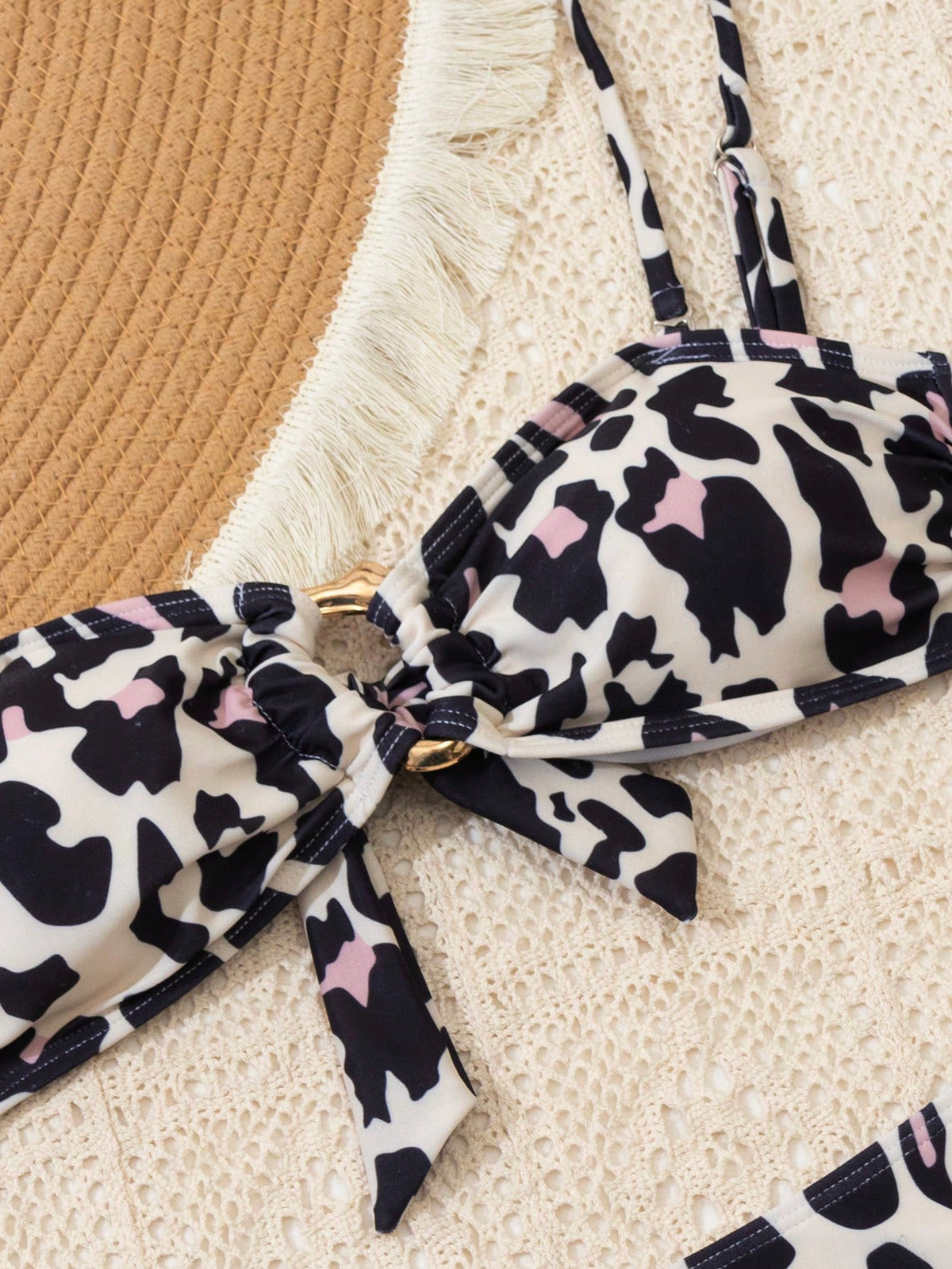 Women's Pink Leopard Print Spaghetti Strap O-Ring Bikini Top With Side Metal Decor High Cut Two Pieces Beach Bikini Set Vacation Summer