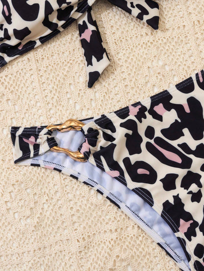 Women's Pink Leopard Print Spaghetti Strap O-Ring Bikini Top With Side Metal Decor High Cut Two Pieces Beach Bikini Set Vacation Summer