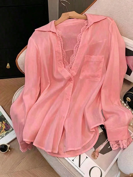 Women's Pink Semi-Sheer Polyester Long Sleeve Shirt With Contrast Lace Details And Shirt Collar, Suitable For Autumn Wear, Aesthetic Red