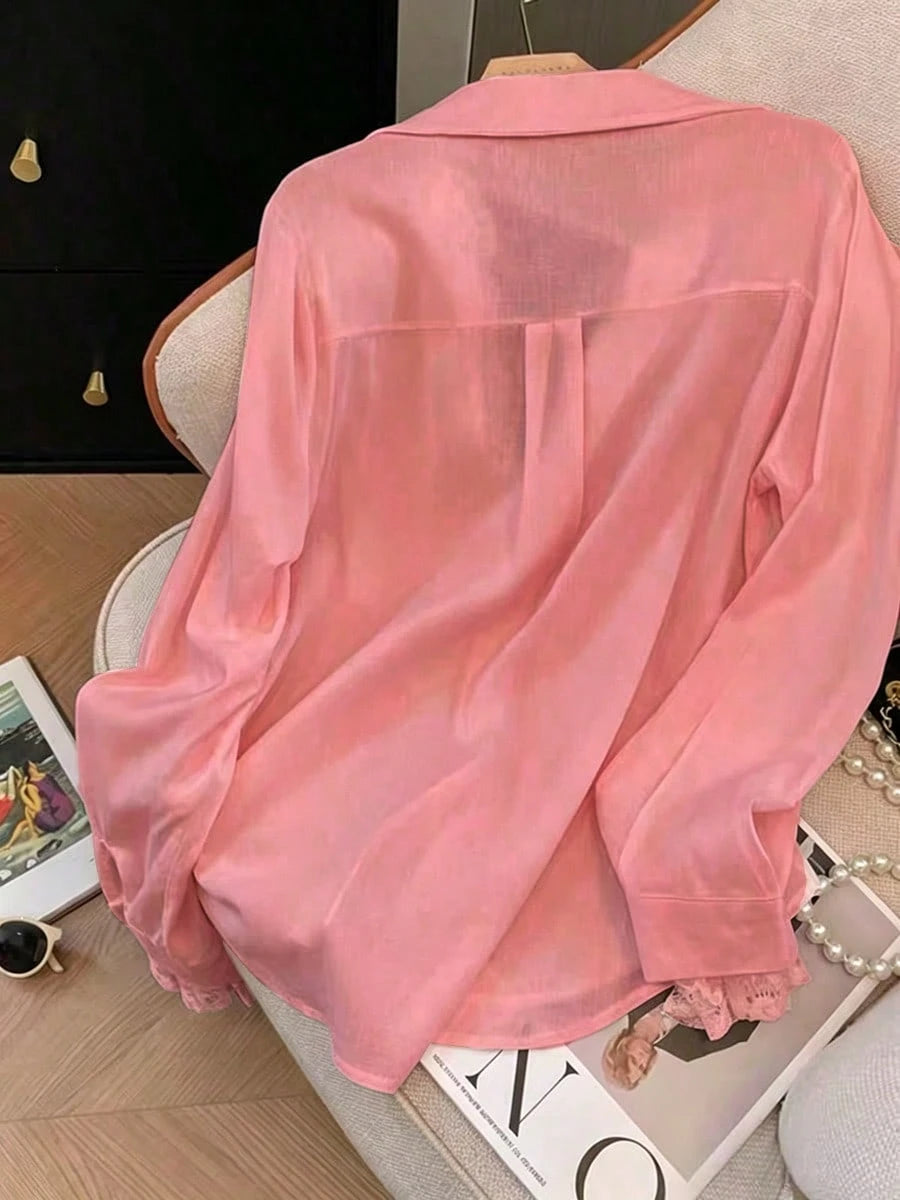 Women's Pink Semi-Sheer Polyester Long Sleeve Shirt With Contrast Lace Details And Shirt Collar, Suitable For Autumn Wear, Aesthetic Red