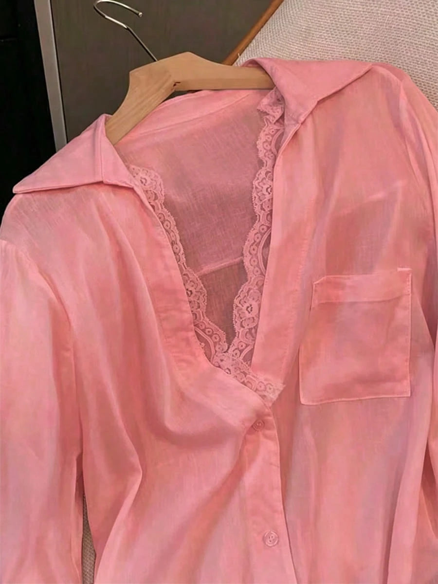 Women's Pink Semi-Sheer Polyester Long Sleeve Shirt With Contrast Lace Details And Shirt Collar, Suitable For Autumn Wear, Aesthetic Red