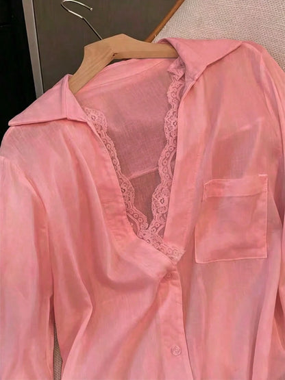 Women's Pink Semi-Sheer Polyester Long Sleeve Shirt With Contrast Lace Details And Shirt Collar, Suitable For Autumn Wear, Aesthetic Red