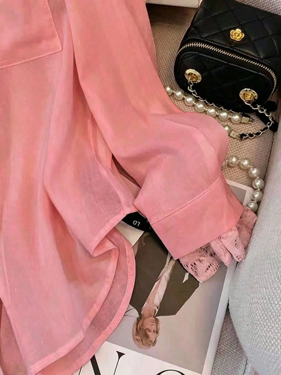 Women's Pink Semi-Sheer Polyester Long Sleeve Shirt With Contrast Lace Details And Shirt Collar, Suitable For Autumn Wear, Aesthetic Red