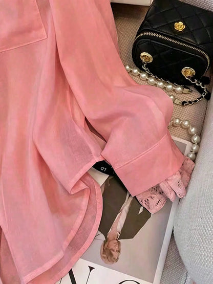 Women's Pink Semi-Sheer Polyester Long Sleeve Shirt With Contrast Lace Details And Shirt Collar, Suitable For Autumn Wear, Aesthetic Red