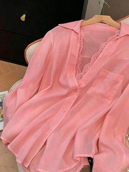 Women's Pink Semi-Sheer Polyester Long Sleeve Shirt With Contrast Lace Details And Shirt Collar, Suitable For Autumn Wear, Aesthetic Red