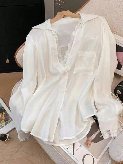 Women's Pink Semi-Sheer Polyester Long Sleeve Shirt With Contrast Lace Details And Shirt Collar, Suitable For Autumn Wear, Aesthetic Red