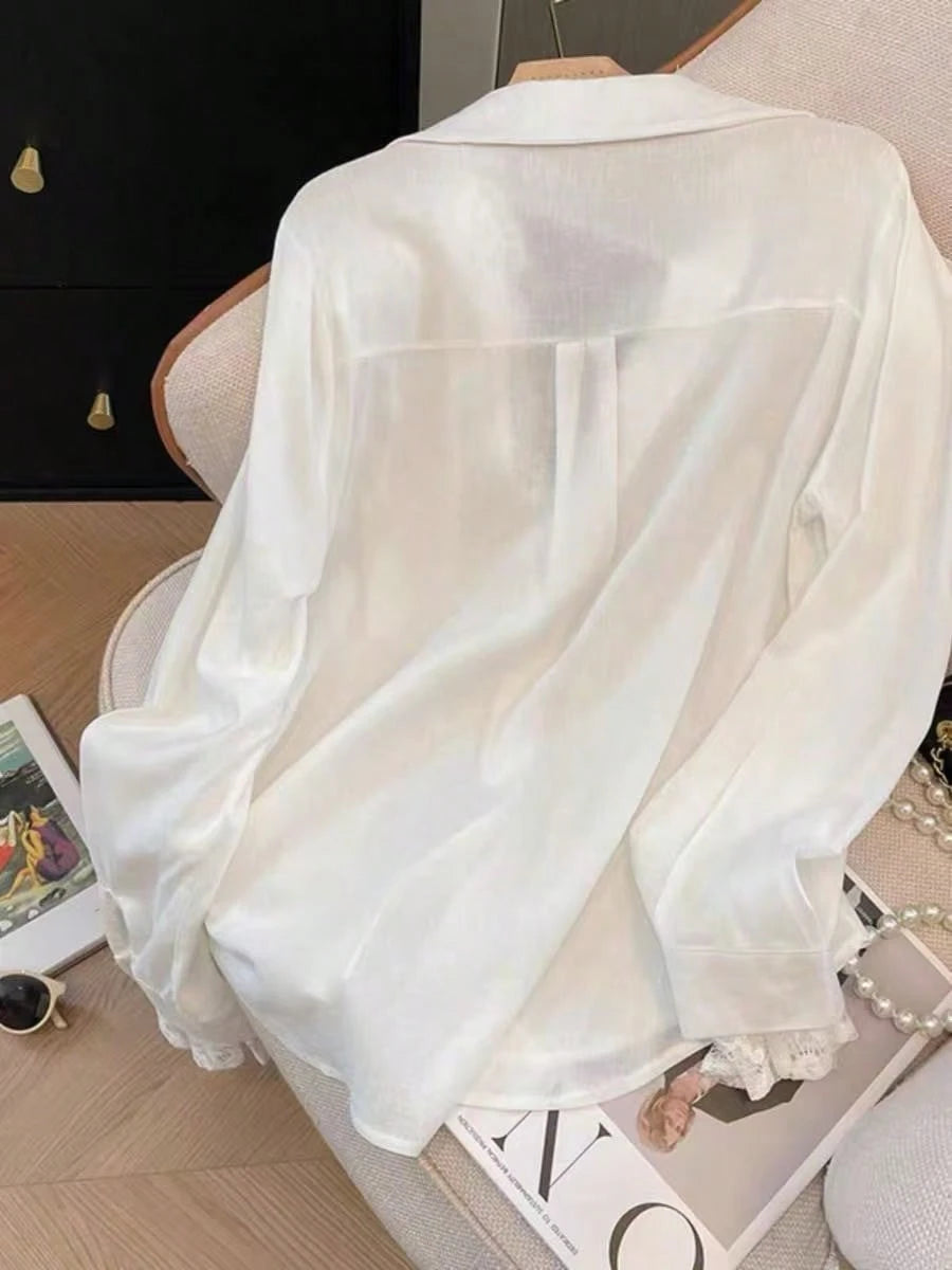 Women's Pink Semi-Sheer Polyester Long Sleeve Shirt With Contrast Lace Details And Shirt Collar, Suitable For Autumn Wear, Aesthetic Red
