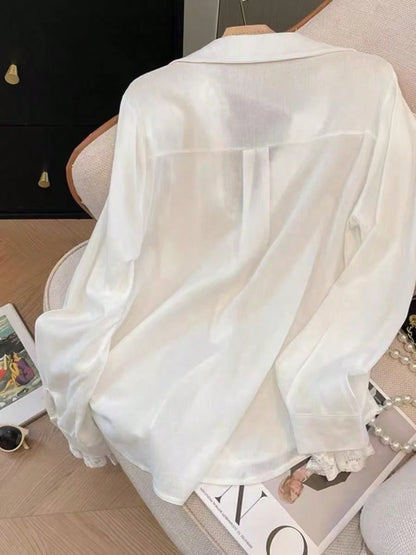 Women's Pink Semi-Sheer Polyester Long Sleeve Shirt With Contrast Lace Details And Shirt Collar, Suitable For Autumn Wear, Aesthetic Red