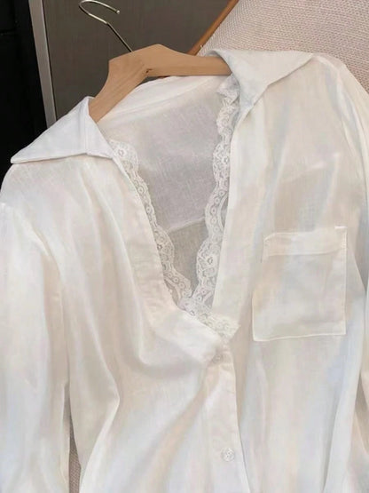 Women's Pink Semi-Sheer Polyester Long Sleeve Shirt With Contrast Lace Details And Shirt Collar, Suitable For Autumn Wear, Aesthetic Red