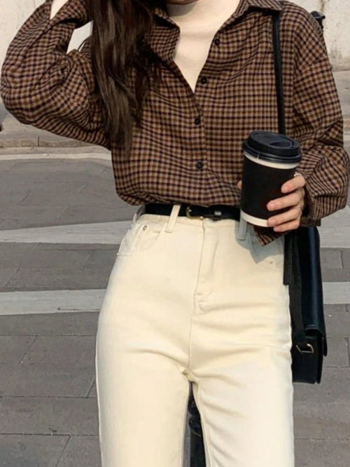 Women's Plaid Drop Shoulder Casual Commuter Shirt, Autumn,Long Sleeve Tops Spring