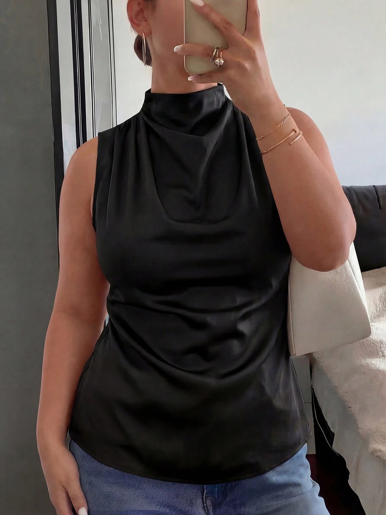 Women's Plus Size Fashionable Black High Neck Sleeveless Knit Tank Top, Elegant Regular Sleeveless Blouse Casual