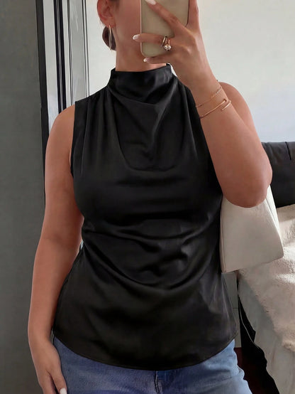 Women's Plus Size Fashionable Black High Neck Sleeveless Knit Tank Top, Elegant Regular Sleeveless Blouse Casual