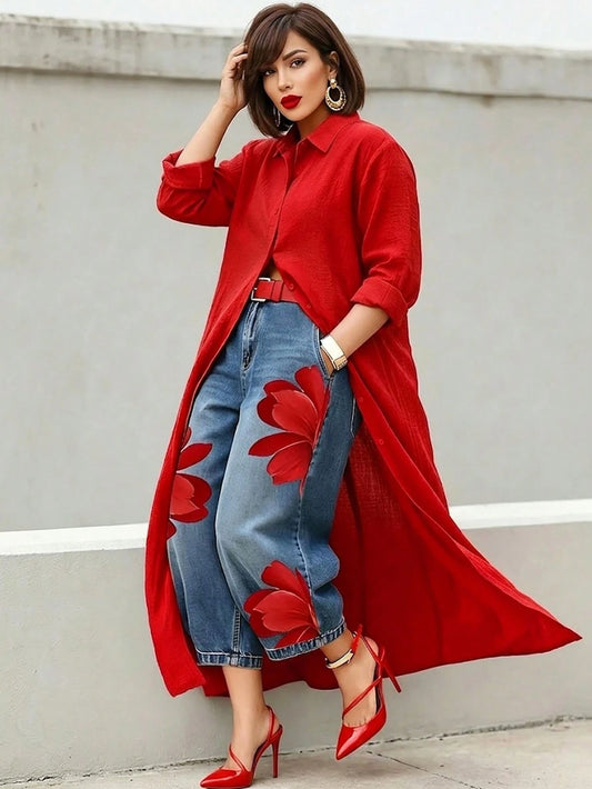 Women's Plus Size Red Long Waist-Cinching Lightweight Blouse, Button Detail Design, Woven Fabric, Regular Long Sleeve, Shirt Collar Top, Suitable For Autumn/Winter Wear