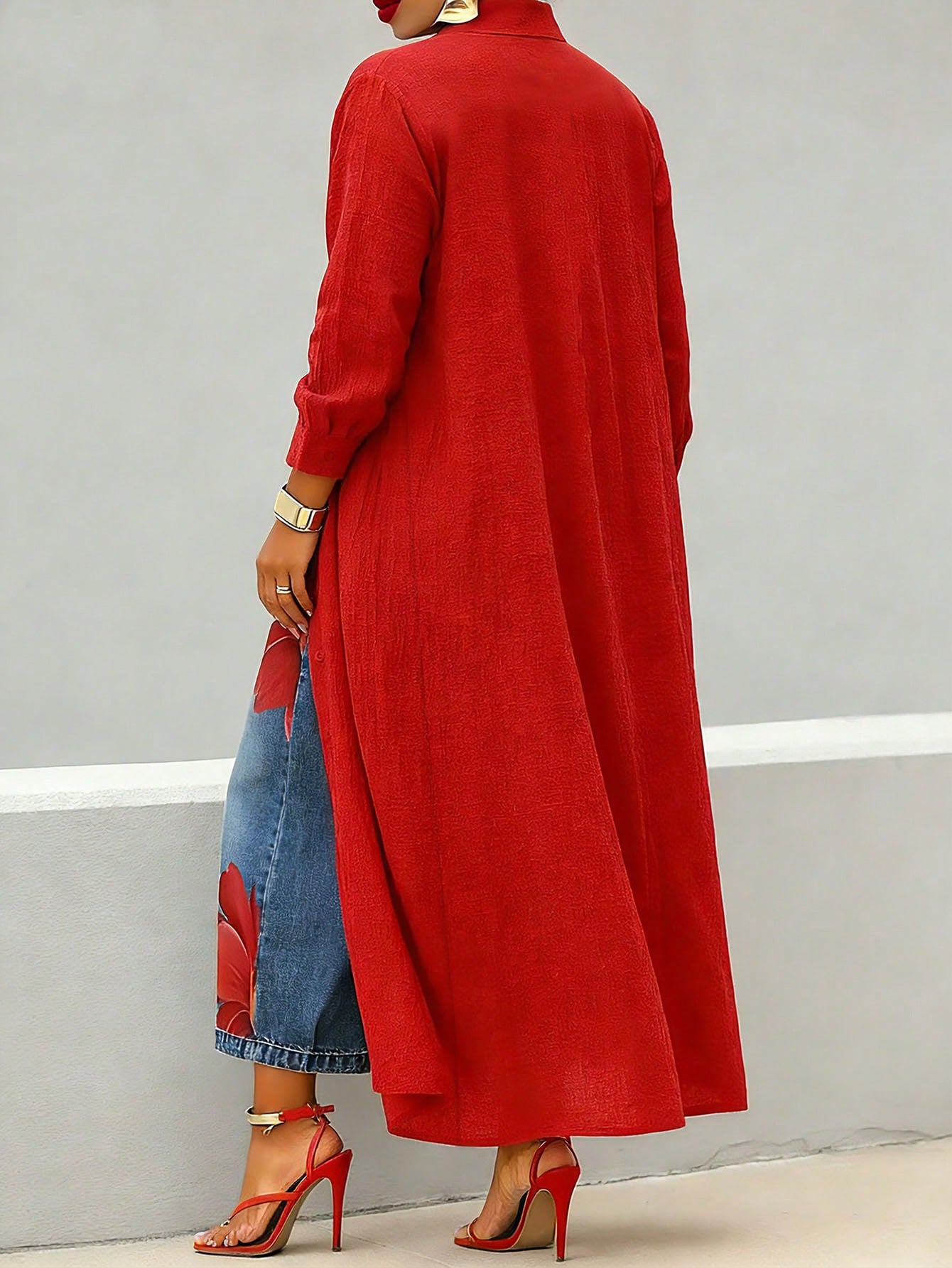 Women's Plus Size Red Long Waist-Cinching Lightweight Blouse, Button Detail Design, Woven Fabric, Regular Long Sleeve, Shirt Collar Top, Suitable For Autumn/Winter Wear