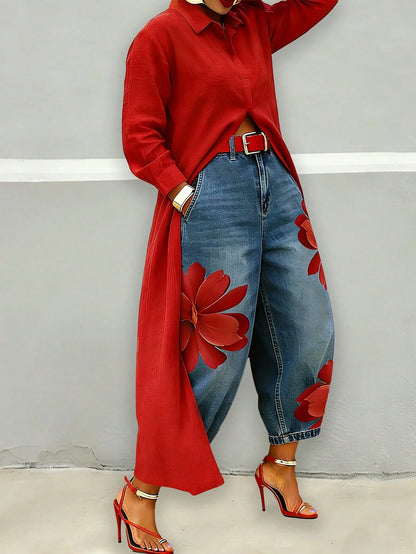 Women's Plus Size Red Long Waist-Cinching Lightweight Blouse, Button Detail Design, Woven Fabric, Regular Long Sleeve, Shirt Collar Top, Suitable For Autumn/Winter Wear