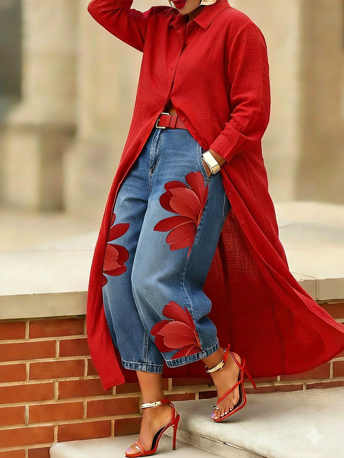 Women's Plus Size Red Long Waist-Cinching Lightweight Blouse, Button Detail Design, Woven Fabric, Regular Long Sleeve, Shirt Collar Top, Suitable For Autumn/Winter Wear