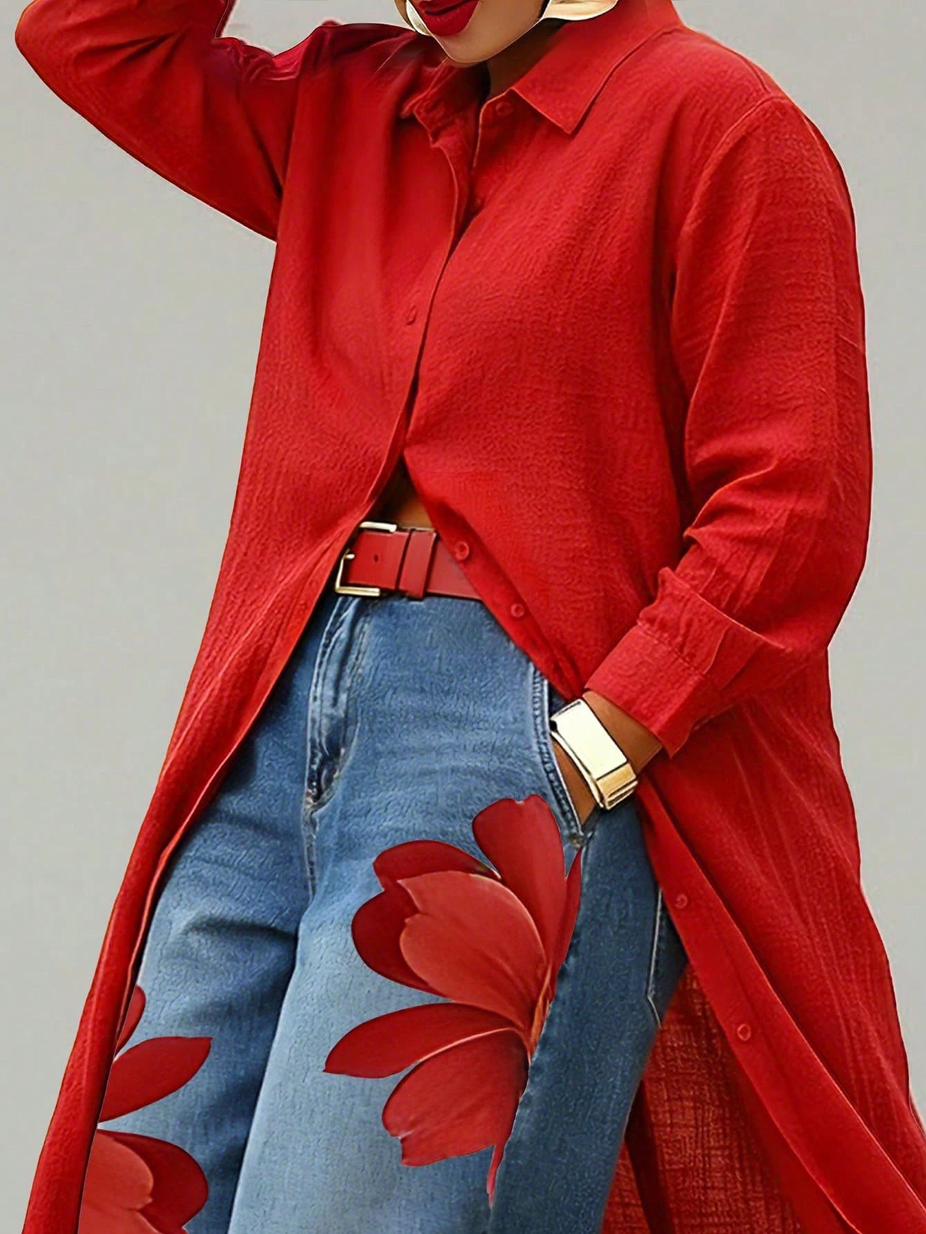 Women's Plus Size Red Long Waist-Cinching Lightweight Blouse, Button Detail Design, Woven Fabric, Regular Long Sleeve, Shirt Collar Top, Suitable For Autumn/Winter Wear