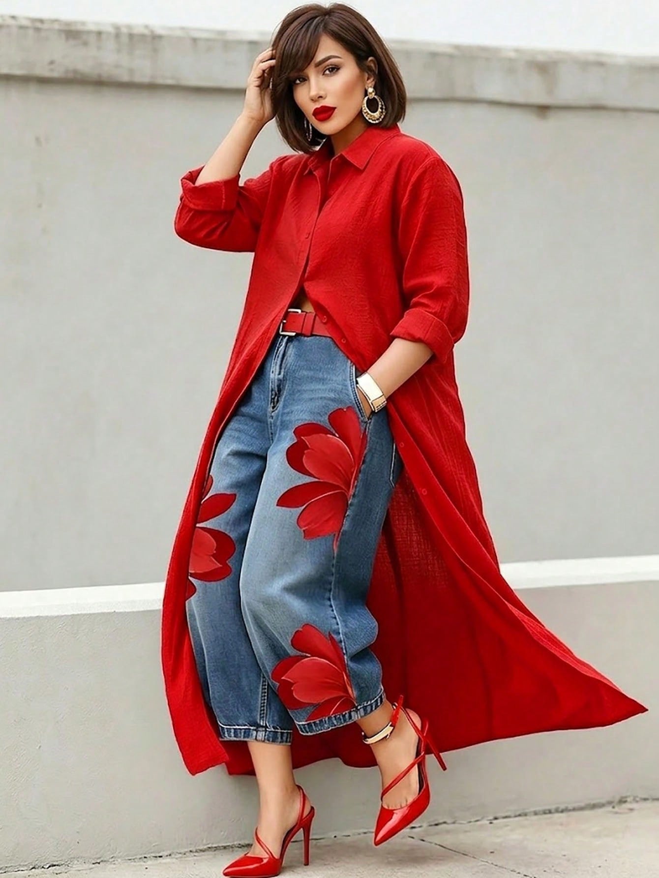 Women's Plus Size Red Long Waist-Cinching Lightweight Blouse, Button Detail Design, Woven Fabric, Regular Long Sleeve, Shirt Collar Top, Suitable For Autumn/Winter Wear