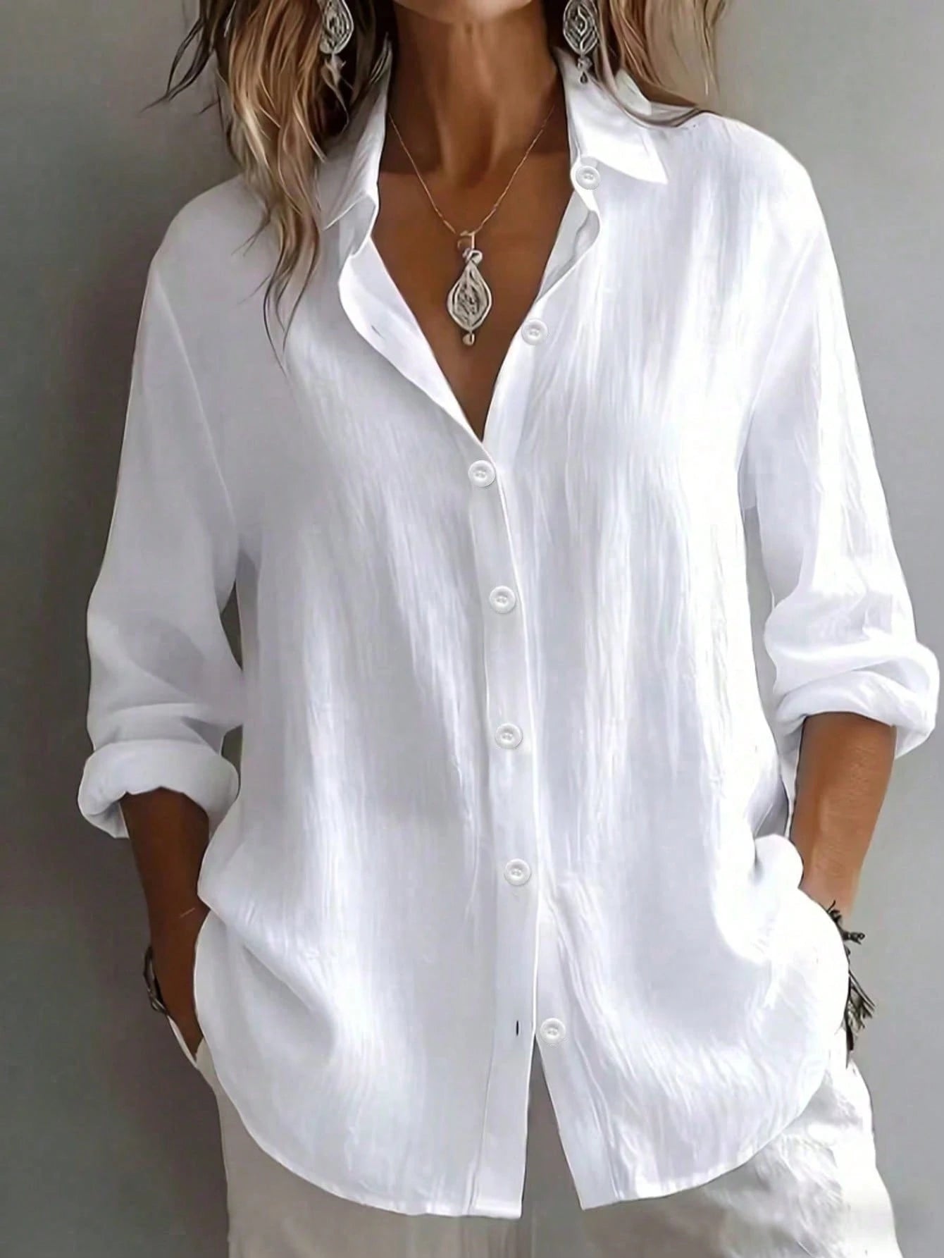Women's Plus Size Solid Color Long Sleeve Collared Button Front Shirt Blouse White, Work To Weekend