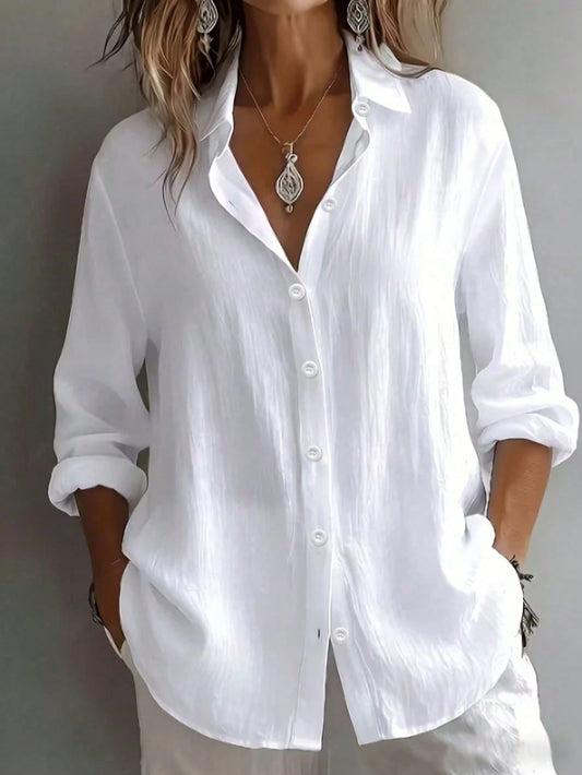 Women's Plus Size Solid Color Long Sleeve Collared Button Front Shirt Blouse White, Work To Weekend