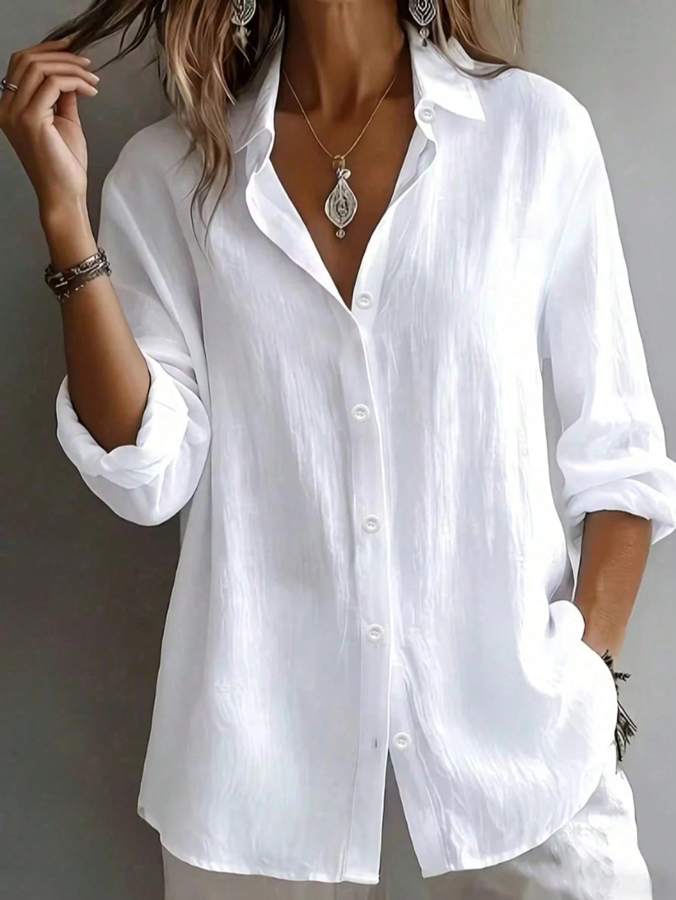 Women's Plus Size Solid Color Long Sleeve Collared Button Front Shirt Blouse White, Work To Weekend