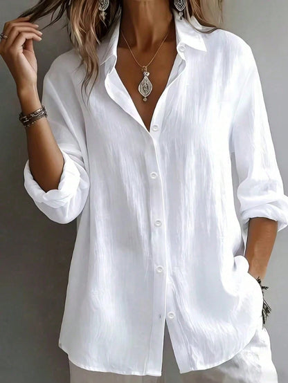 Women's Plus Size Solid Color Long Sleeve Collared Button Front Shirt Blouse White, Work To Weekend