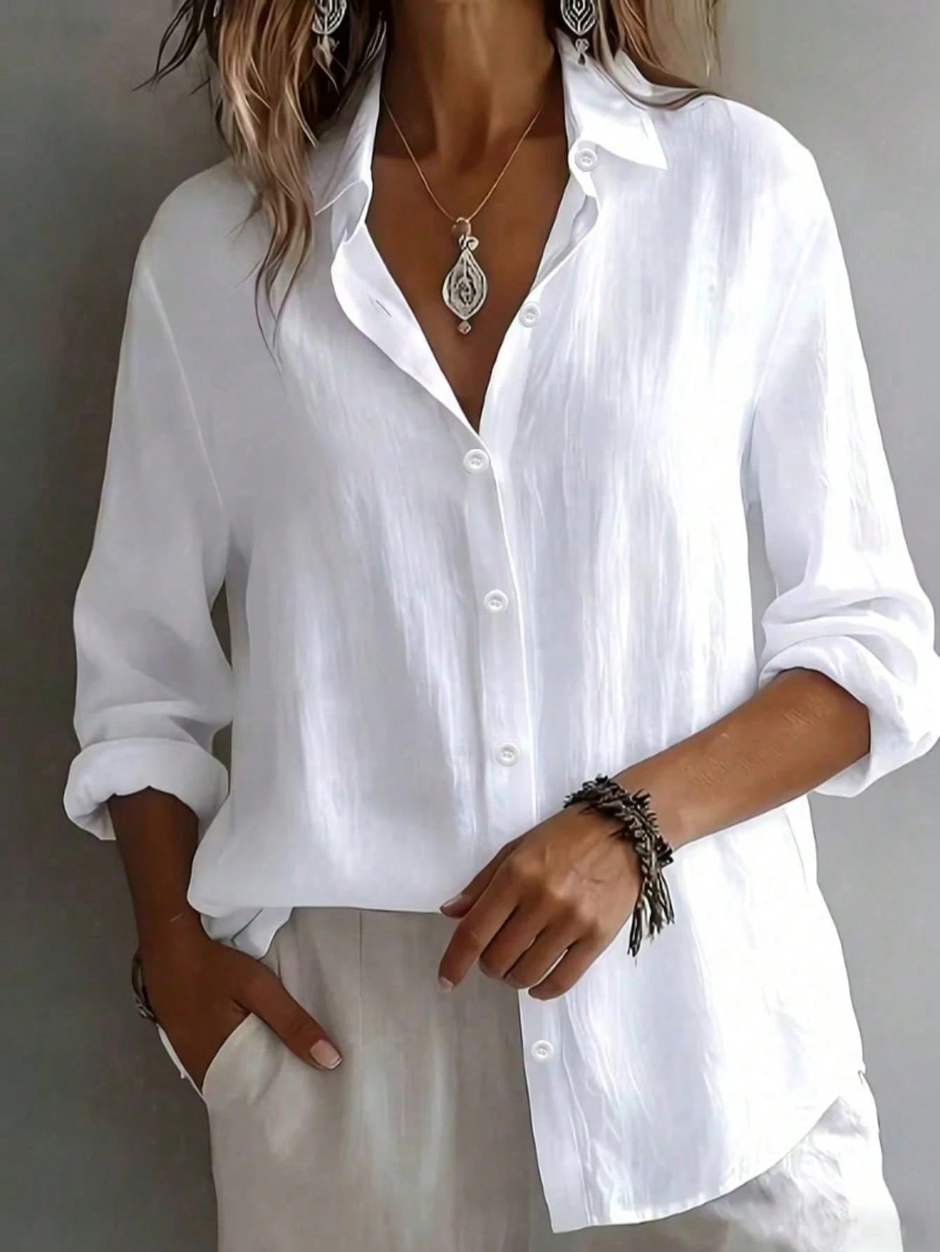 Women's Plus Size Solid Color Long Sleeve Collared Button Front Shirt Blouse White, Work To Weekend