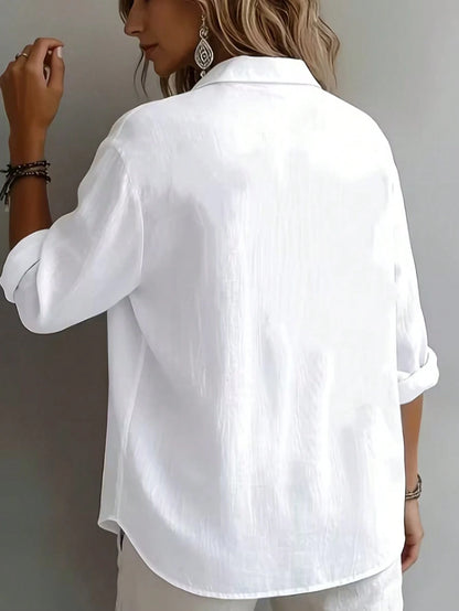 Women's Plus Size Solid Color Long Sleeve Collared Button Front Shirt Blouse White, Work To Weekend
