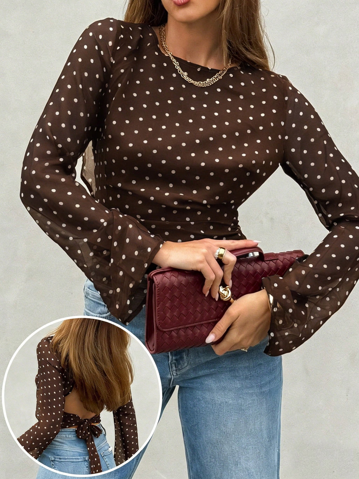 Women's Polka Dot Semi-Sheer Flare Sleeve Round Neck Fashionable Backless Bow Tie Blouse, Suitable For Spring And Summer
